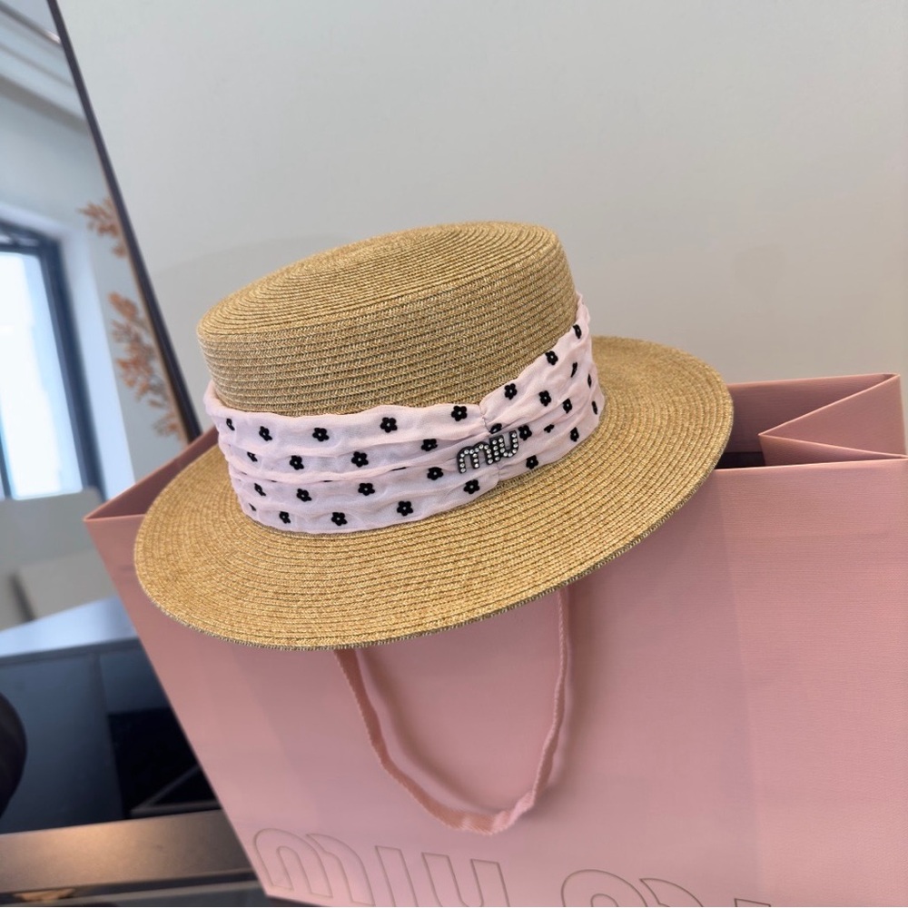 Miu Miu Natural Straw Boater Hat with Pale Pink Polka Dot Band